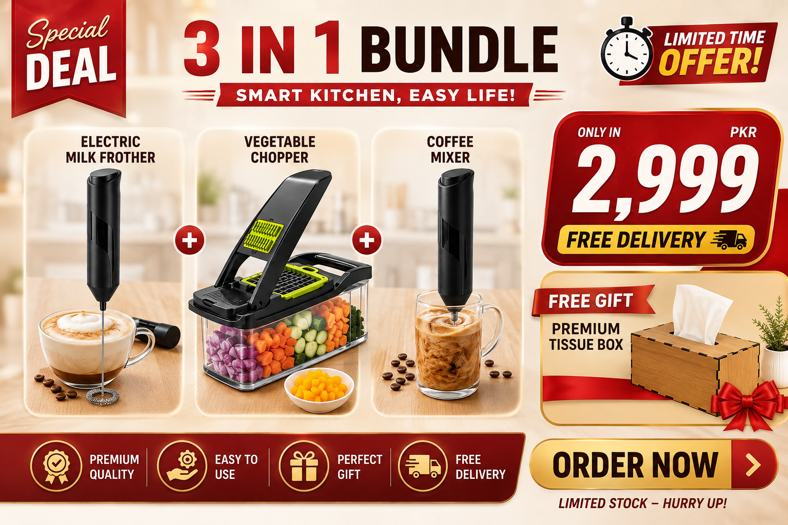 3-in-1 Smart Kitchen Bundle – Electric Milk Frother, Vegetable Chopper & Coffee Mixer + FREE Tissue Box