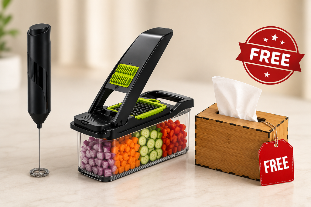 3-in-1 Smart Kitchen Bundle – Electric Milk Frother, Vegetable Chopper & Coffee Mixer + FREE Tissue Box