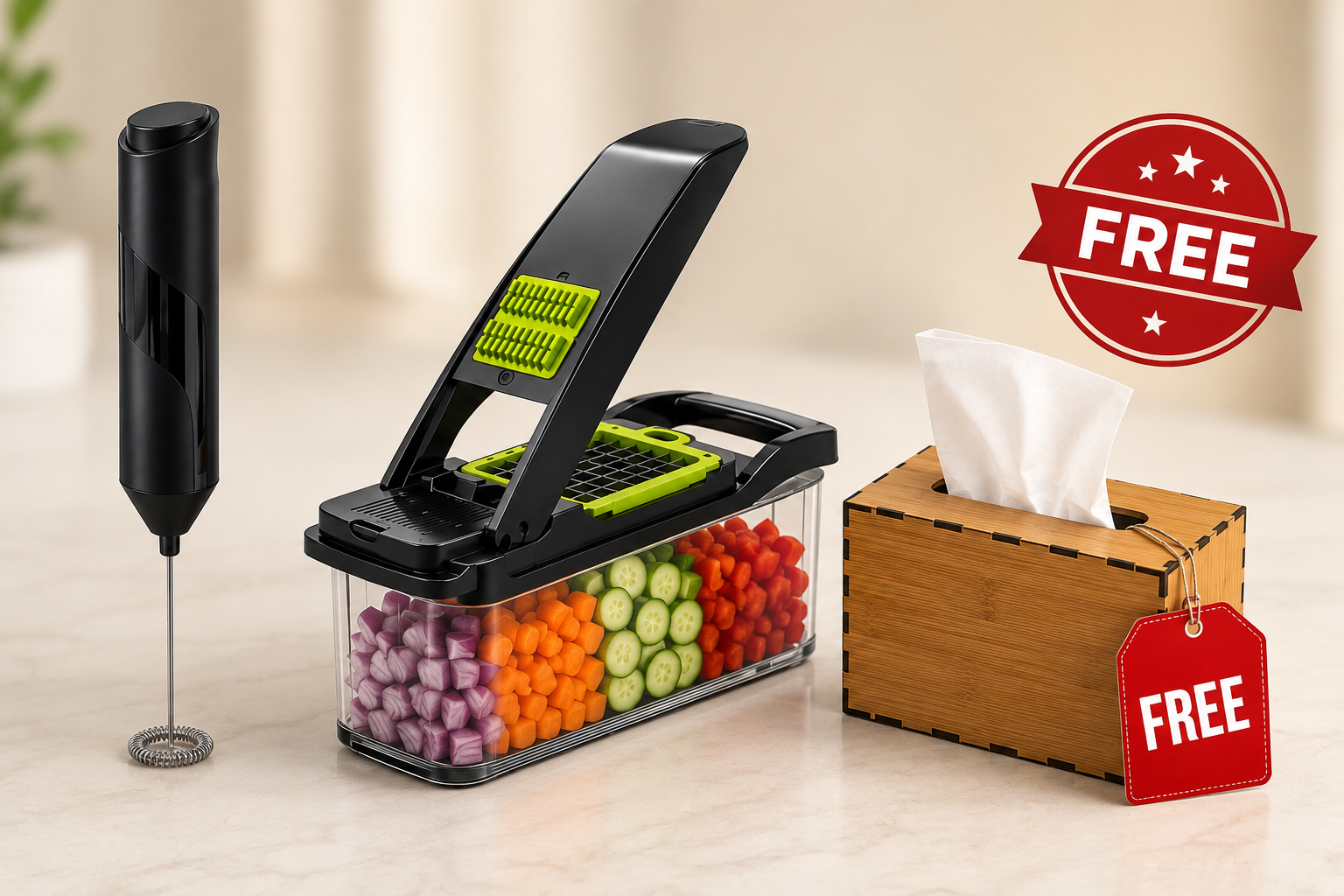 3-in-1 Smart Kitchen Bundle – Electric Milk Frother, Vegetable Chopper & Coffee Mixer + FREE Tissue Box