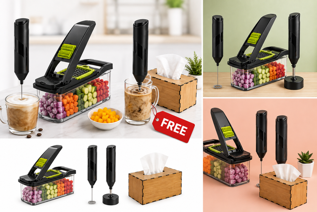 3-in-1 Smart Kitchen Bundle – Electric Milk Frother, Vegetable Chopper & Coffee Mixer + FREE Tissue Box