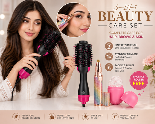 3-in-1 Beauty Care Set – Hair Dryer Brush, Eyebrow Trimmer & Face Ice Roller