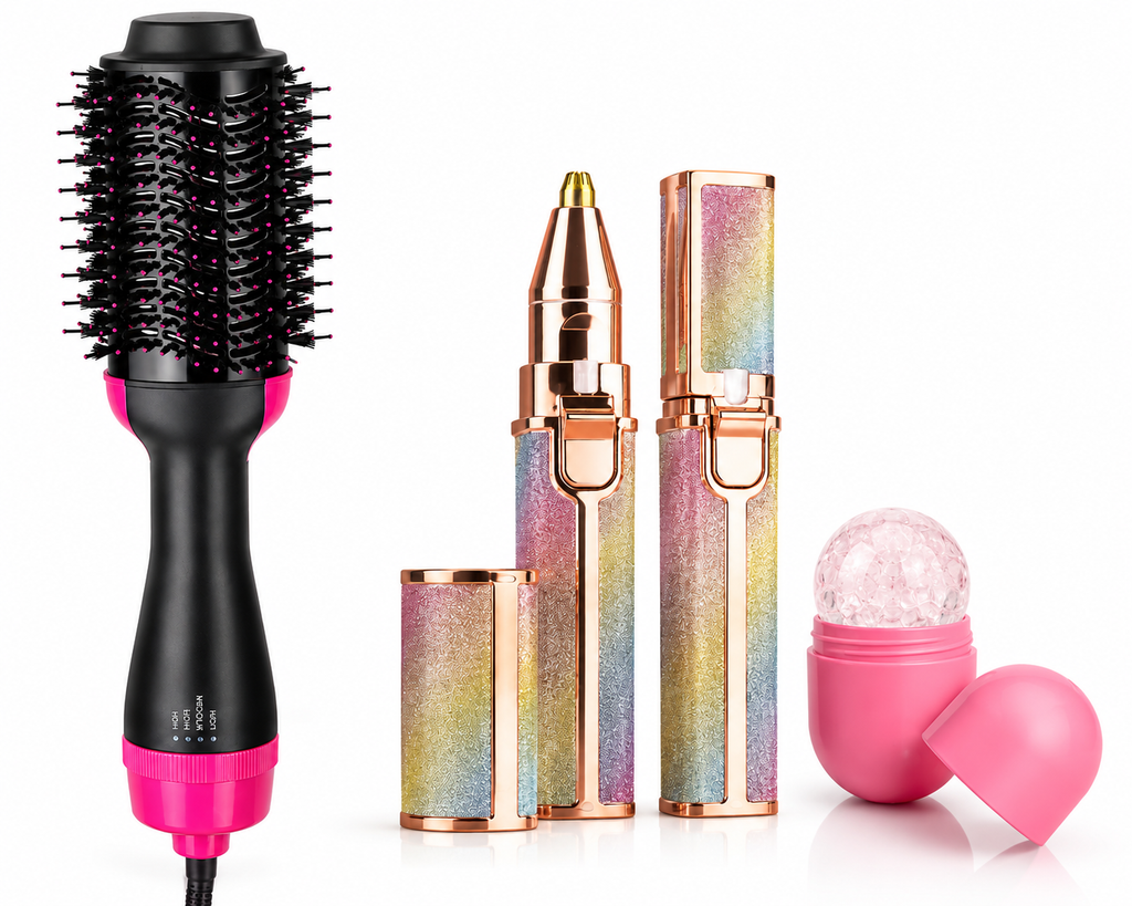 3-in-1 Beauty Care Set – Hair Dryer Brush, Eyebrow Trimmer & Face Ice Roller